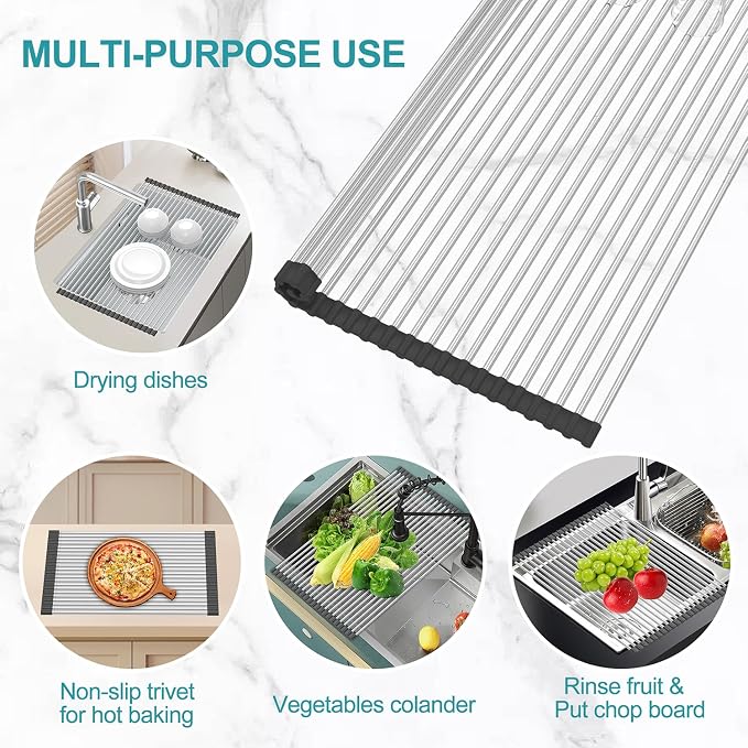 BBXTYLY Extra Large Expandable Roll Up Dish Drying Rack,Over The Sink Drying Rack Sink Cover Kitchen Sink Accessories Kitchen Rolling up Stainless Steel Drainer, Foldable,Rollable（Black，22.8''-17.3''） - Image 5