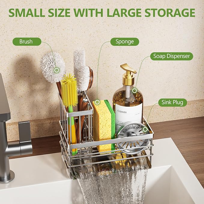 Cisily Sink Caddy Sponge Holder for Kitchen with Brush Holder and Stainless Steel Self Drain Tray, Rustproof Kitchen Sink Organizer for Sponge, Soap Dispenser Storage Accessories - Image 3