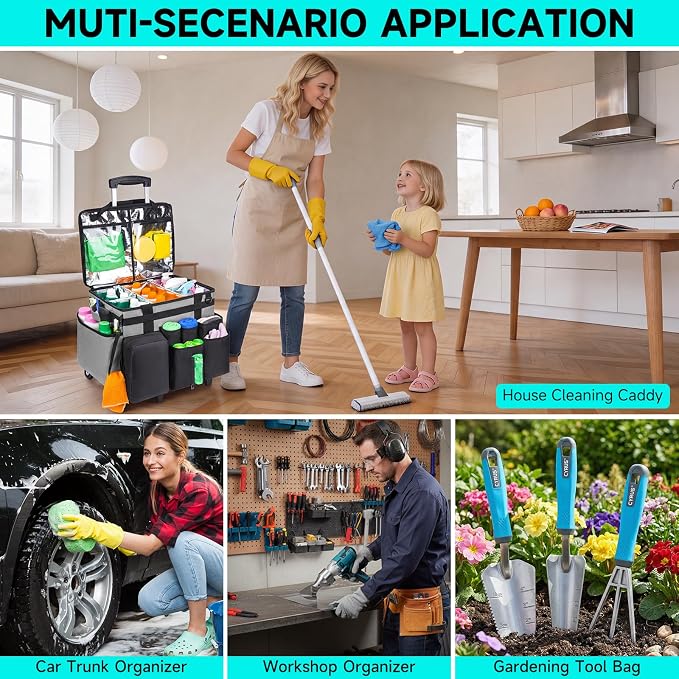 Cleaning Cadddy Bag with Rolling Cart, Large Cleaning Bag with Wheels | Cleaning Supplies Organizer with Detachable Trolley for Housekeepers, Housekeeping Cleaning Cart with Shoulder Strap & Handle - Image 7