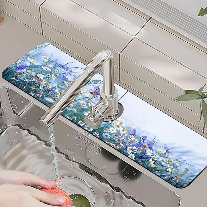 Kitchen Faucet Mat Beautiful Flowers Butterfly Sink Splash Guard Behind Faucet Draining Mat Kitchen Accessories Non-slip Easy to Clean for Bathroom & Kitchen 24"X5.5" - Image 6