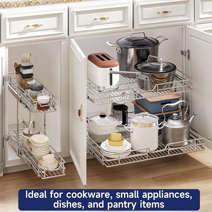 2-Tier Pull Out Cabinet Organizer, 27" W x 21.5" D, Heavy Duty Dual Slide Out Shelves for Wide Base Cabinets, Chrome Wire Basket Drawer for Pots, Pans, Pantry & Cleaning Supplies - Image 6