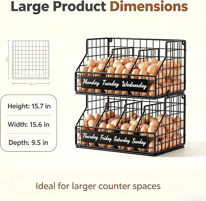 Egg Holder Countertop, Large 2T Chicken Egg Basket for Gathering Fresh Eggs | Egg Storage Organizer with Adjustable 5 Divider & Label, Stackable Wall Mounted Egg Collecting Basket Rack, XXL Black - Image 2