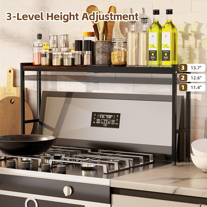 Over the Stove Shelf, Adjustable Spice Shelf for Kitchen, Sink | Rustic Metal & Wood Shelf Organizer | Extendable & 3 Level Adjustable Height Spice Rack for Back of Stove - Image 3