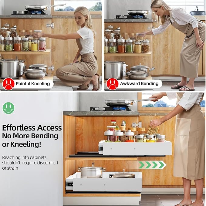 Expandable Pull Out Cabinet Organizer, Adjustable Width 12"-19" & Depth 16.5"-22", 4-Side Extension, 5 Slide Rails for Heavy Duty Use, Adhesive Roll Out Shelves for Kitchen Cabinets, White 1PCS - Image 7