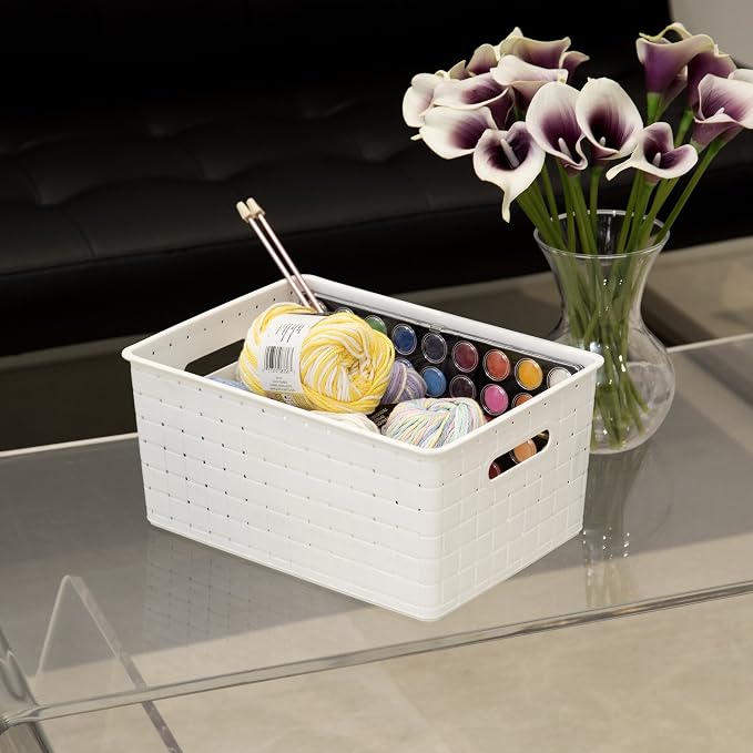 BINO Plastic Basket, Medium - White, 4 Pack, THE STABLE COLLECTION, Multi-Use Storage Basket, Rectangular Cabinet Organizer, Baskets for Organizing with Handles, Home & Office Storage Organizer - Image 3