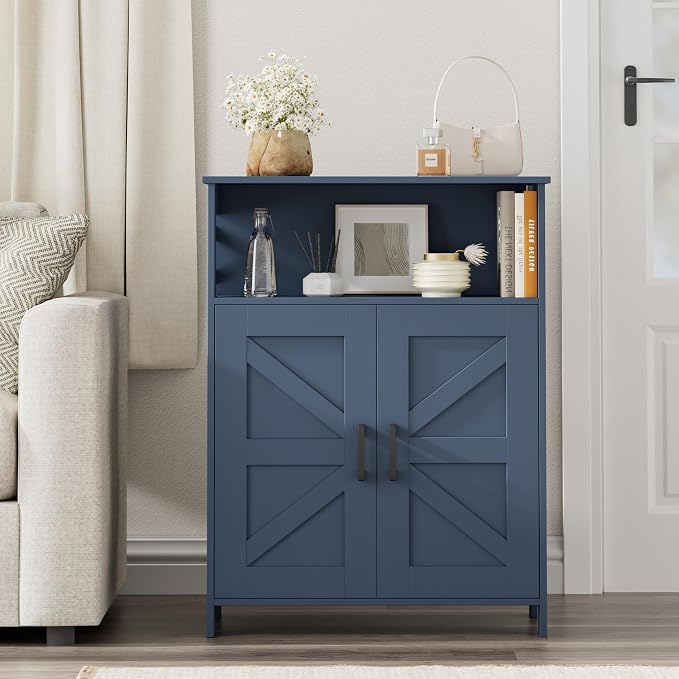 Homhedy Farmhouse Bathroom Storage Cabinet with Doors, Small Floor Cabinet | Toilet Paper Cabinet with Adjustable Shelf, Freestanding Storage Cabinet for Kitchen/Laundry/Living Room, 24"W, Blue - Image 10