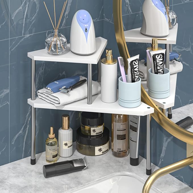 Weenson Bathroom Counter Organizer Over Sink for Toiletries Makeup, Kitchen Countertop Organizer Spice Rack for Salt, 2-Tier Corner Counter Shelf for Coffee Area Storage Dresser Table Bamboo - Image 2