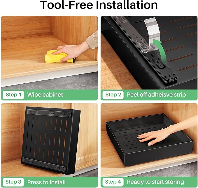 Pull out Cabinet Organizer, 21"Deep, Heavy Duty Full-Extension Slide out Drawers for Kitchen Cabinets with Nano Adhesive, Roll Out Shelf Sliding Cabinet for Pots, Bathroom, Pantry, Under Sink, Black - Image 7