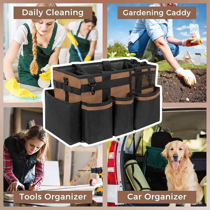 SCAVATA Wearable Cleaning Caddy, Cleaning Caddy Supplies Organizer with Handle & Shoulder Straps for Housekeepers, Under Sink & Car Cleaning Tool Organizers Bag with 4 Foldable Divider (Brown) - Image 7