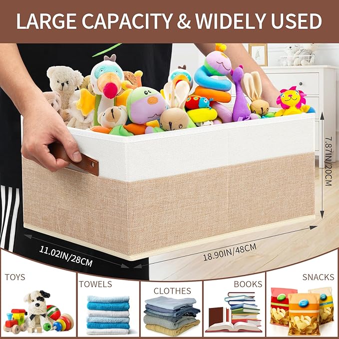 Closet Organizer Bins 3 Pack, Large Storage Bins for Shelves | Foldable Closet Storage Boxes Baskets with Leather Handles for Organizing Clothes, Sheets, Jeans, Toys, Books（Begie） - Image 3