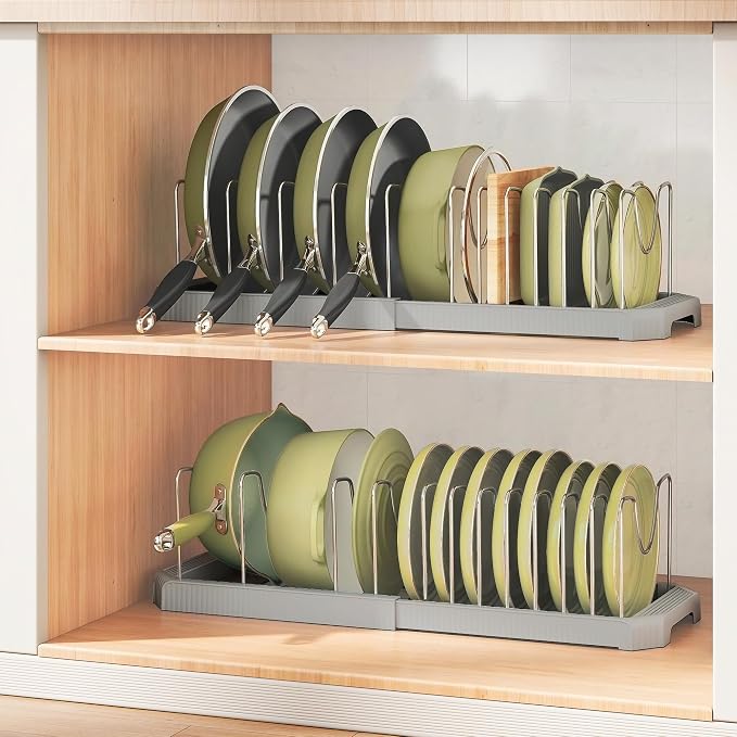 Expandable Pan Organizers Inside Cabinet with 12 Dividers Grey | Extends 12.9-21.9", Holds cookie sheets, cutting boards, pot lids and pans, iron dividers, plastic base, under cabinet rack - Image 9