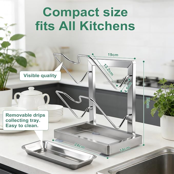 2 in 1 Stainless Pot lid holder & Cutting board holder for Kitchen, 2-Tier | Compact size with detachable drip tray, Kitchen Pot Lids Storage Rack and Organizer for various lid sizes & handles. - Image 3