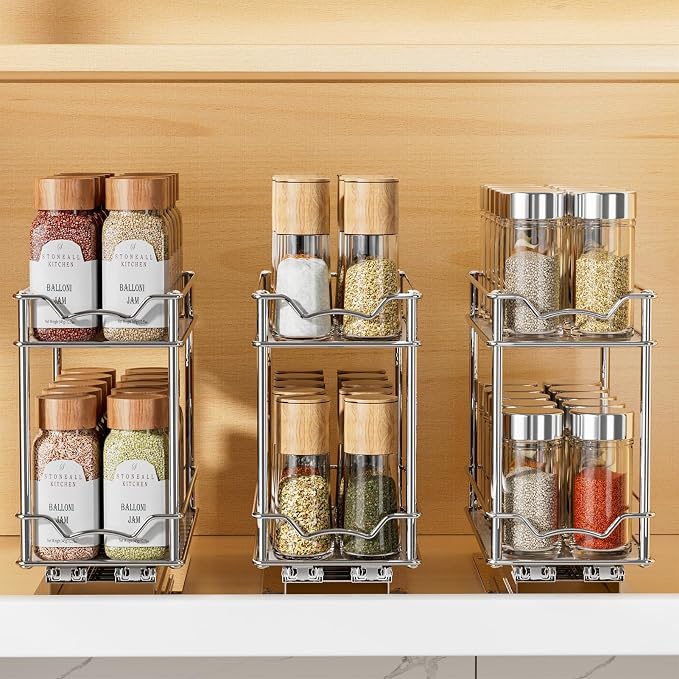 MUDEELA Pull Out Spice Rack for Inside Cabinet, 2 Tier Chrome Spice Organization for Cabinet, Vertical Sliding Out Spice Rack Organizer for Seasoning, 10.4''D×4.8''W×9.3''H - Image 8