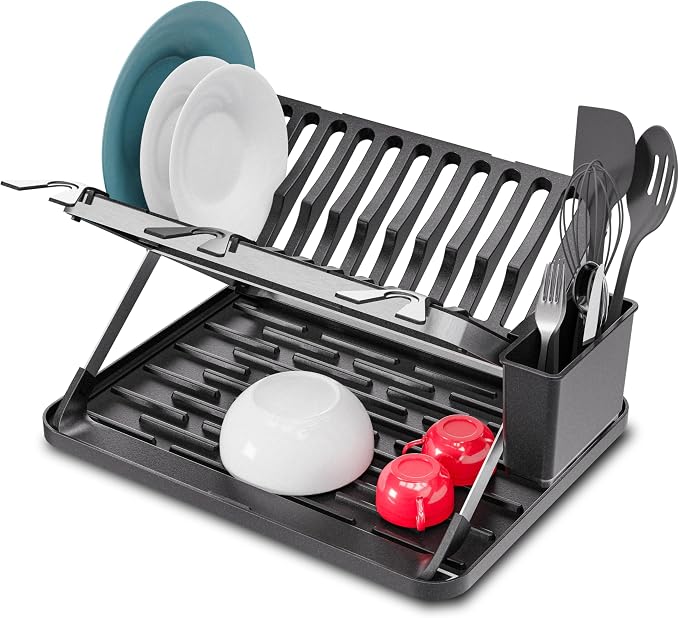 Home Zone Living Dish Drying Rack for Kitchen Counter | X-Shape Foldable Design with Drip Tray and Holder for Utensils and Wine Glasses by HomeZoneLiving