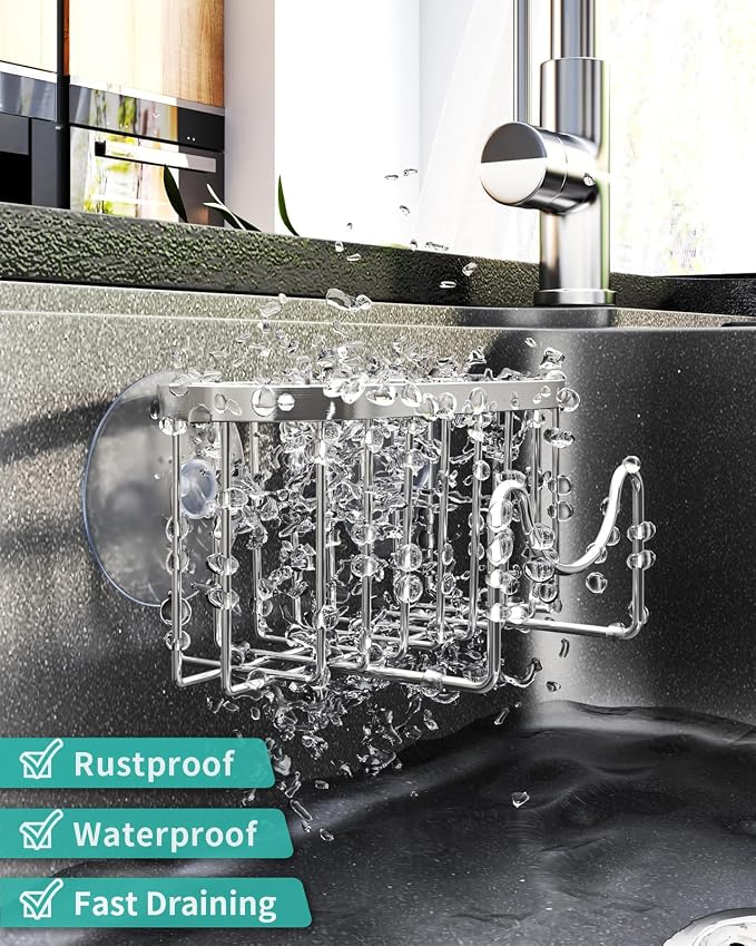 HapiRm Multifunctional Adhesive Kitchen Sink Organizer with M-Shaped, 2 Installation Methods Kitchen Sponge Holder, Rustproof Sponge Caddy for Brush, Sink Stopper and Scraper -Silver - Image 4