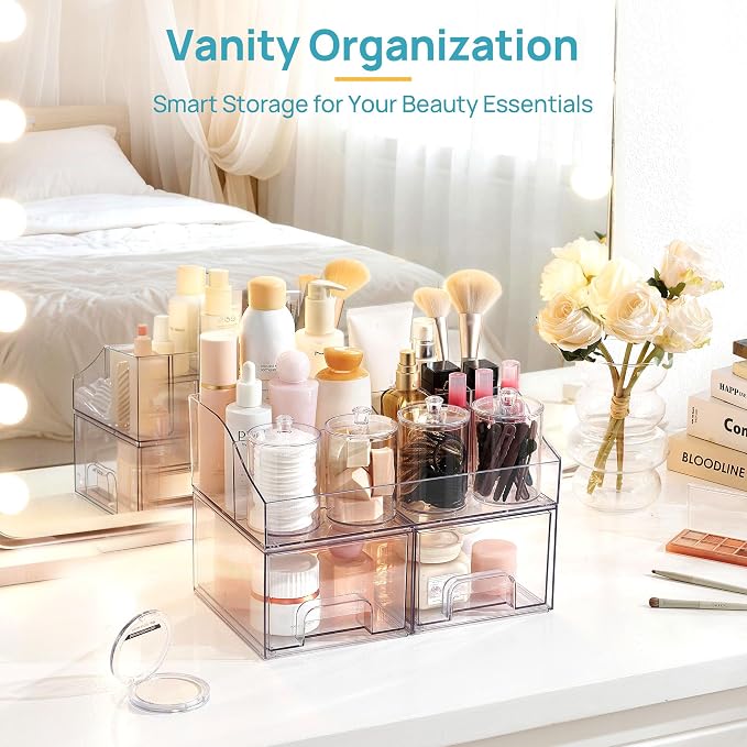Vtopmart 7 PCS Bathroom Countertop Organizer | 1 Divided Tray, 4 Qtip Holder Jars, 2 Drawers, Clear, For Toothbrush, Cotton Pads, for bathroom countertop - Image 6