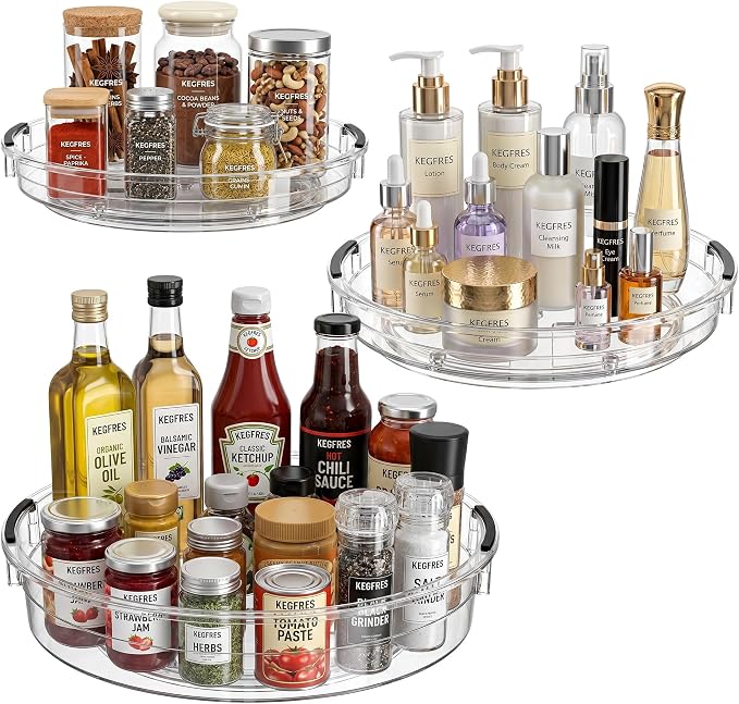 3 Pack Lazy Susan Organizer, Rotating Turntable Spice Rack for Kitchen Storage, Pantry, Cabinet, Fridge & Countertop, Condiment & Seasoning Holder, 9.25", 10.6", 12", Clear by KEGFRES