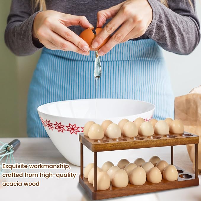 Sishynio 2 Tier Acacia Wood Egg Holder Countertop, 36 Egg Storage Rack | Double Layer Farmhouse Kitchen Egg Tray Organizer; Fresh Egg Storage Rack Basket for Countertop, Fridge, Cabinets and Pantry - Image 4