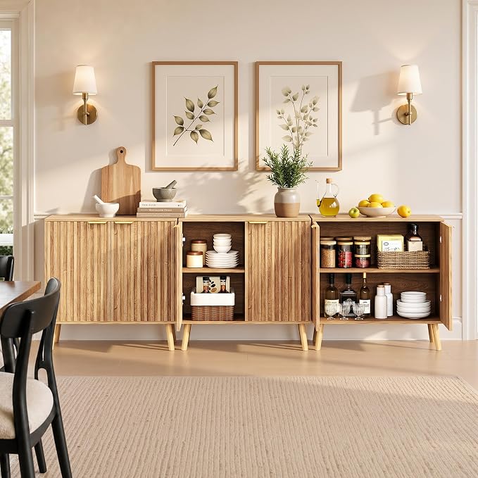 Set of 4 Fluted Storage Cabinet, Buffet Cabinet with Storage, Wood Sideboard with Adjustable Shelf, Modern Accent Cabinet & Console Table for Entryway, Living Room, Dining Room, Natural - Image 4