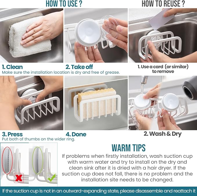 TAILI White Sponge Holder for Kitchen Sink with Strong Suction Cup | Removable Sink Caddy for Kitchen Sink Oganizer, Rustproof Aluminum Sink Sponge Holder for Scraper Brushes, Stoppers - Image 8