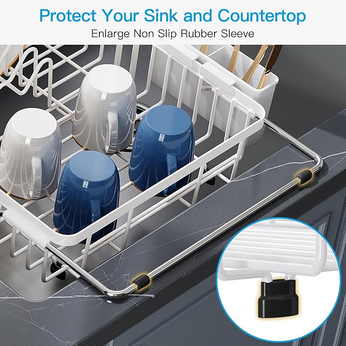 JASIWAY White Dish Drying Rack Over the Sink with Utensil Holder | Expandable Stainless Steel Dish Driainers for Small Kitchen, Counter Space Saving, Fast Drain, Rust Resistant, For Apartment - Image 7