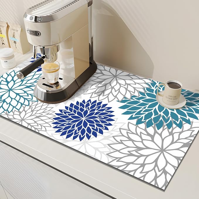 Findosom 2PCS 16" x 24" Dish Drying Mat & 24" x 5.5" Sink Splash Guard, Super Absorbent & Cuttable Dish Mat Drying Kitchen Mat with Blue Floral, Hide Stain Drying Mat for Kitchen Counter - Image 5