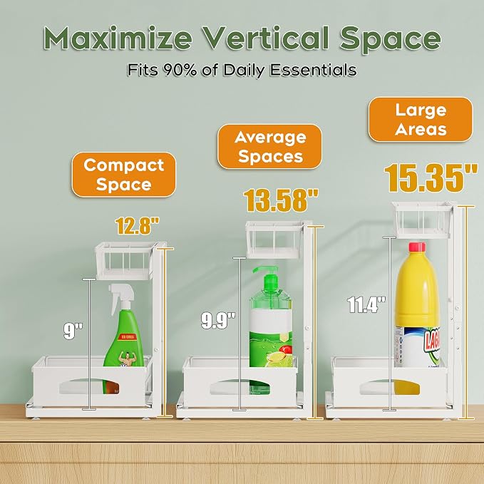 Under Sink Organizer, 2-Pack L-Shaped Metal Pull-Out Drawers for Kitchen | Cabinet Organizer Height Adjustable Heavy Duty Metal 2-Tier Storage Fits Beside Common Pipes for Bathroom Pantry - Image 4