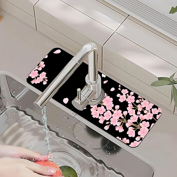 Faucet Mat for Kitchen Sink Romantic Cherry Blossoms Sink Splash Guard Behind Faucet Soft Diatom Mud Material Non-slip Easy to Clean for Bathroom & Kitchen 15"X5.5" - Image 6
