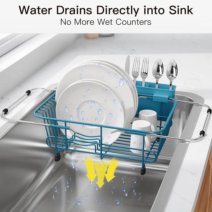 JASIWAY Blue Dish Drying Rack in Sink with Utensil Holder, RV, Apartment | Over Sink Expandable Stainless Steel Dish Drainers for Compact Kitchen, Space Saving, Fast Drain, Rustproof, For 1-2 people - Image 6