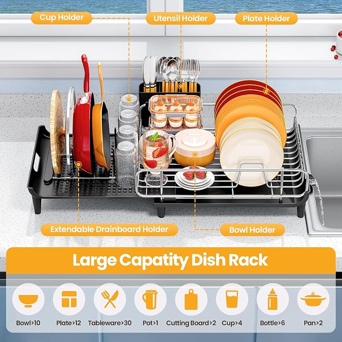 TOOLF Expandable Dish Drying Rack for Kitchen Counter, Black | Collapsible 16.7"-26.8", Stainless Steel Dish Dryer Rack Drainer for RV, Apartment, with Cutlery Holder, Fits for 3-4 People - Image 2