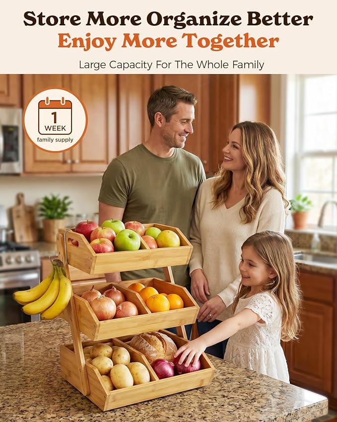 3-Tier Bamboo Fruit Basket with 2 Banana Holders | Large tiered organizer for bread, snacks, veggies. Sturdy bamboo, includes mats & dividers. Easy to assemble. - Image 2