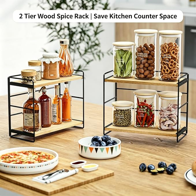 SRIWATANA 2-Tier Bathroom Counter Organizer, Set of 2, Carbonized Black | Wood Countertop Organizer, Kitchen Spice Rack, Vanity Skincare Organizer, Stable Counter Shelf for Bathroom Makeup Storage - Image 2