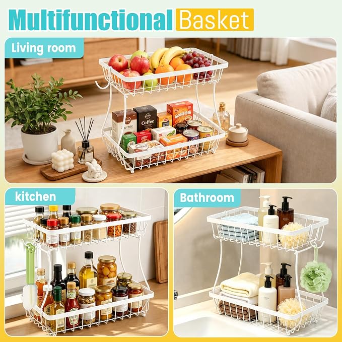 2-Tier Fruit Basket for Kitchen Counter with 2 Banana Hangers | Large Metal Fruit Bowl, Versatile Holder for Veggies, Produce Storage, 12.5"×7.5"×12"-White - Image 7