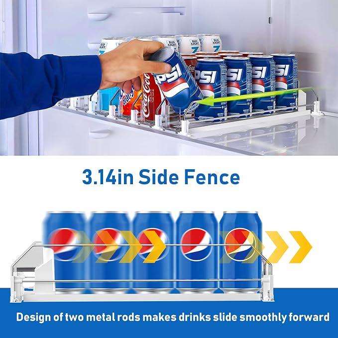 Drink Organizer for Fridge, Soda Can Organizer Dispenser for Refrigerator with Automatic Pusher Glide, Width Adjustable Clear Dividers Can Holder for 25 Cans, 15''D x16.6''W, 5 Rows - Image 2