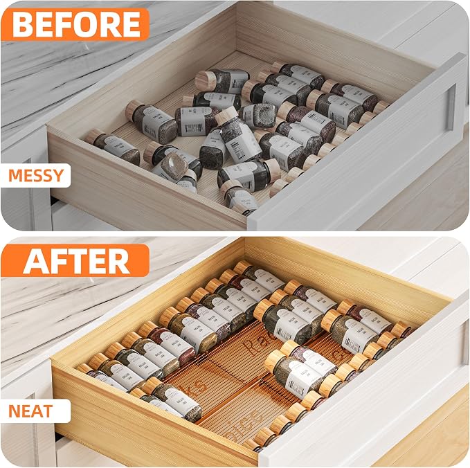Spice Drawer Organizer, 4 Tier- 4 Pack Amber Acrylic Drawer Seasoning Organizer, Expandable From 11'' to 22'' Kitchen Spice Rack Organizers and Storage for Drawer (Jars not included) - Image 6