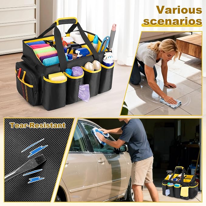 PGmoon Extra-Large Cleaning Caddy Organizer Bag with Handle | Cleaning Supply Tote Bag Built-in Support Boards for Car, Home, Housekeeping Work, Kitchen Cleaning Supplies - Image 7