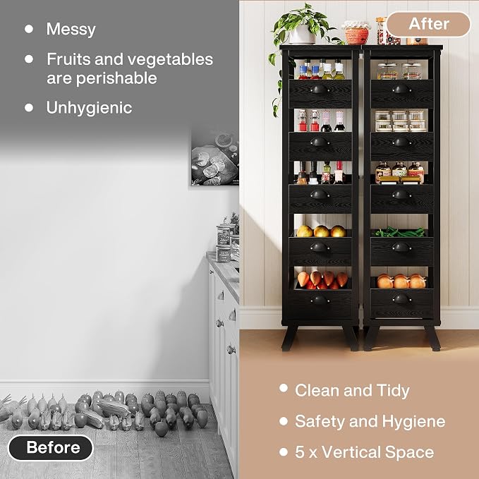 Tribesigns Black Wood Fruit and Vegetable Storage Rack, 5-Tier Narrow Snack Stand Kitchen Stand Fruit Basket, Pull-Out Utility Organizer for Kitchen, Living Room - Image 6