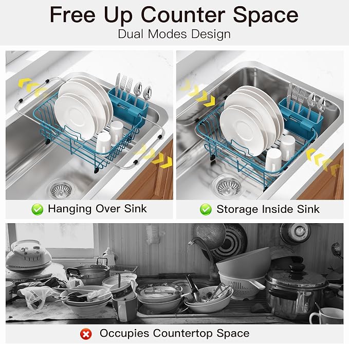 JASIWAY Blue Dish Drying Rack in Sink with Utensil Holder, RV, Apartment | Over Sink Expandable Stainless Steel Dish Drainers for Compact Kitchen, Space Saving, Fast Drain, Rustproof, For 1-2 people - Image 2