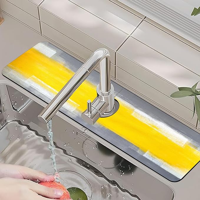 Kitchen Faucet Mat Grey and Yellow Abstract Geometric Sink Splash Guard Behind Faucet Draining Mat Kitchen Accessories Non-slip Easy to Clean for Bathroom & Kitchen 24"X5.5" - Image 6