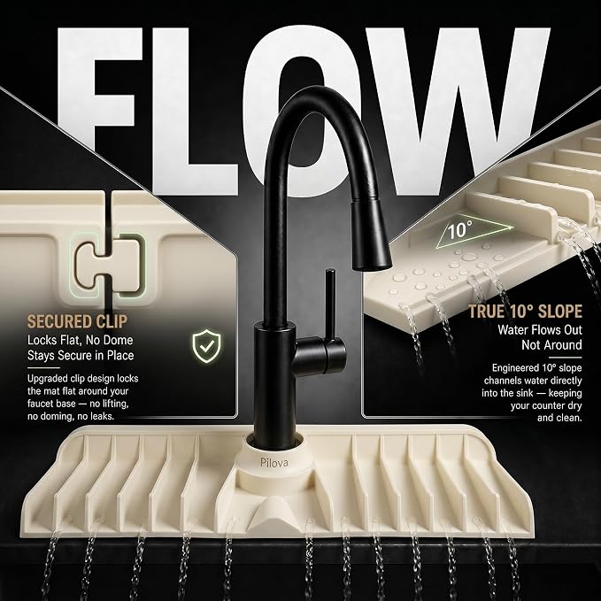 Premium Kitchen Sink Splash Guard – 16" x 5.7" Silicone Faucet Mat with Secure Pressure Clip, True 10° 3D Drainage(No Pooling), Anti-Lift Design, Flexible Leak-Sealing Ring, Non-Slip Fit Behind Faucet - Image 3