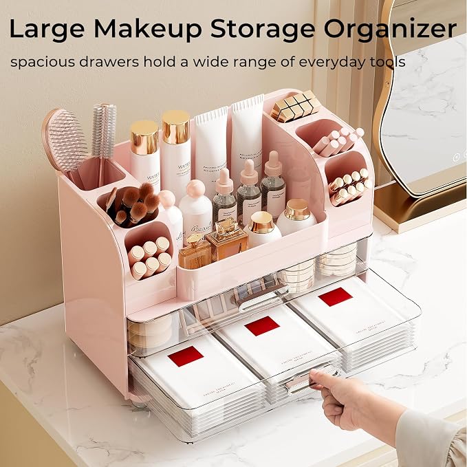 UFORU Makeup Organizer Countertop with 2 Large Drawers for Vanity Bathroom | Brush Holder, Large Capacity, Thickened Plastic, Compact Footprint, Space-Saving Design, Easy Clean, Ideal for Dorm Rooms - Image 3