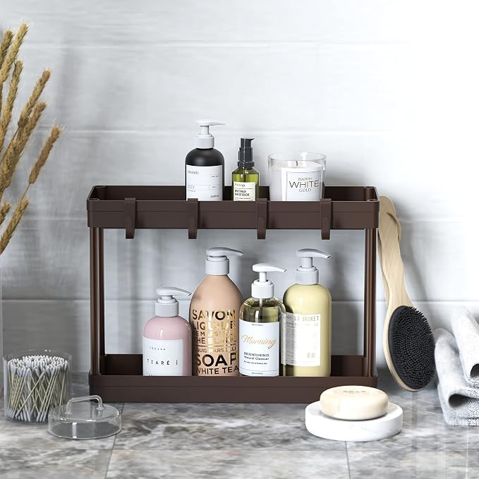 Simple Houseware 2-Tier Under Sink Organizer Storage Tray with Hooks, Brown - Image 3