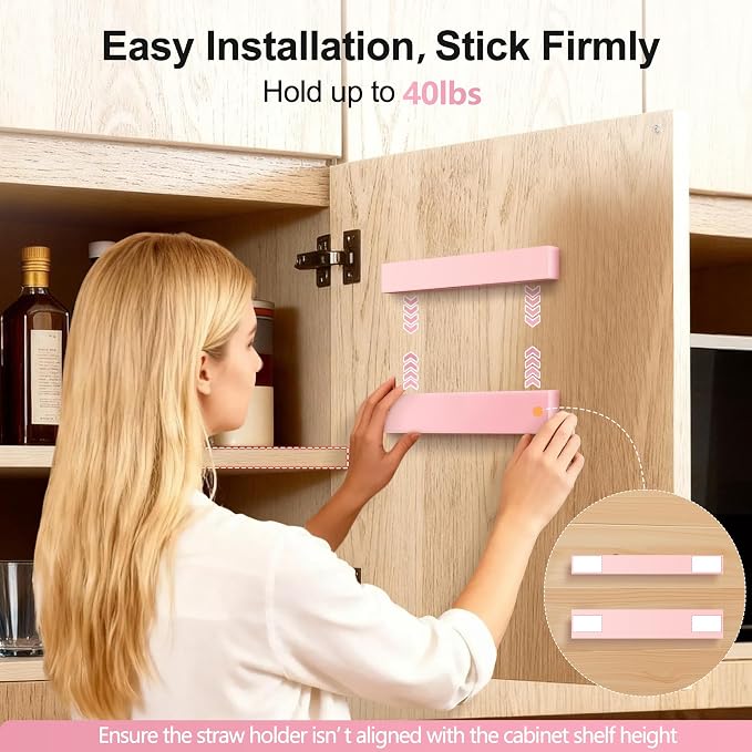 9.5” Large Acrylic Straw Holder for Cabinet Door, Adjustable Two-Part | Reusable Straws Organizer with Ultra Sticky Adhesive Strips, 2026 Straw Storage for Kitchen Cupboard (Rose Stone) - Image 7