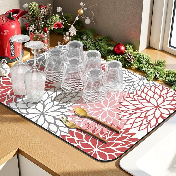 Findosom 2PCS 16" x 24" Christmas Dish Drying Mat & 24" x 5.5" Sink Splash Guard, Super Absorbent & Cuttable Dish Mat Drying Kitchen Mat with Red Floral, Hide Stain Drying Mat for Kitchen Counter - Image 3
