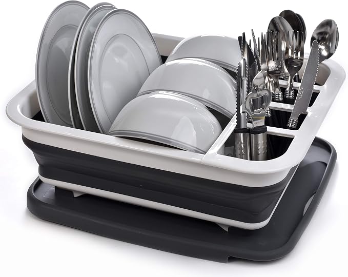 Masirs Pop-Up Collapsible Dish Drying Rack: Convenient Storage, Drains into Sink, Eight Large Plate Capacity, Sectional Cutlery and Utensil Compartment. Compact and Portable Design. - Image 6