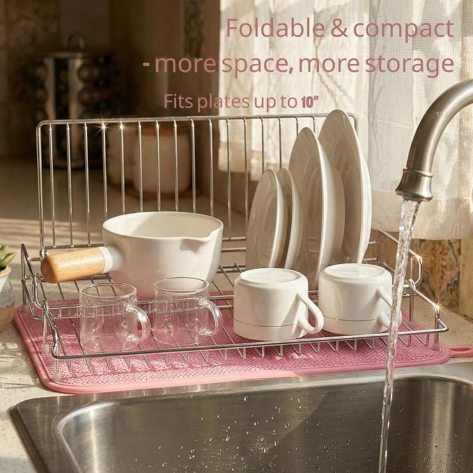 Collapsible Dish Drying Rack, Stainless Steel Dish Rack for Small Kitchens | JM.JEEMI Foldable Dishes Drainer with Pink Drying Mat, 15.8"x12.7" Space Saving Countertop Organizer for Dorm & Apartment - Image 2