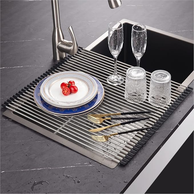 Roll Up Dish Drying Rack Over The Sink, Dish Drying Rack for Kitchen Counter, Multipurpose Stainless Steel Foldable Kitchen Drainer Rack with Silicone Mat, Anti-Slip,(Black, 20.8"x18.1") by EMBATHER