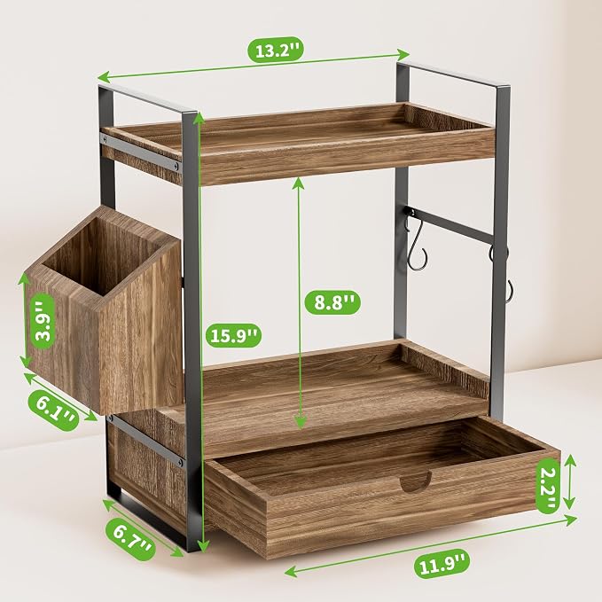 2-Tier Bathroom Counter Organizer, Wooden Vanity Shelf with Drawer & Basket | Pre-Drilled Holes, Skincare & Makeup Countertop Organizer and storage, Dark Brown - Image 2