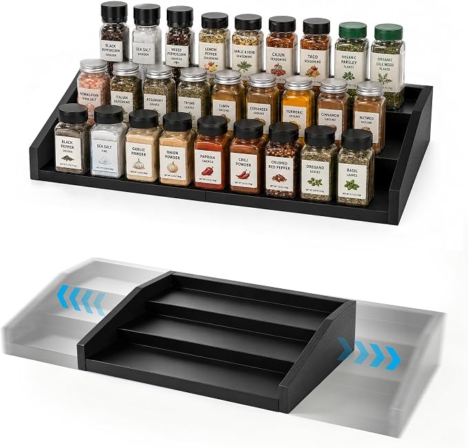 3-Tier Expandable Spice Rack Organizer, 12.8-22.6 in, Black | Adjustable, Countertop Stepped wood & iron Seasoning Organizer, Shelf for kitchen Cabinet Pantry Jars Bottles Syrup by TIOPGHAD