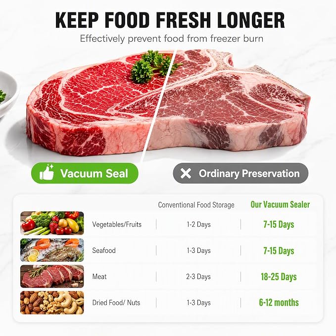 Compact Vacuum Sealer for Food, 75Kpa Food Sealer Machine | 75 Kpa Strong Suction, LED Display, Dual Use for Dry & Wet Foods, with 20 Bags, Ideal for Home Kitchen, White - Image 5